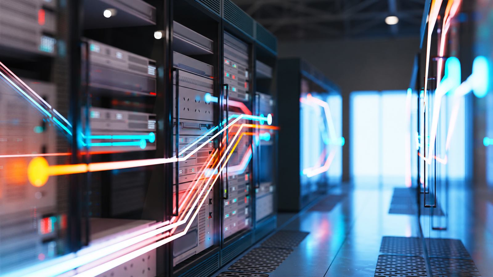 A data-centre aisle with server racks receding into the distance