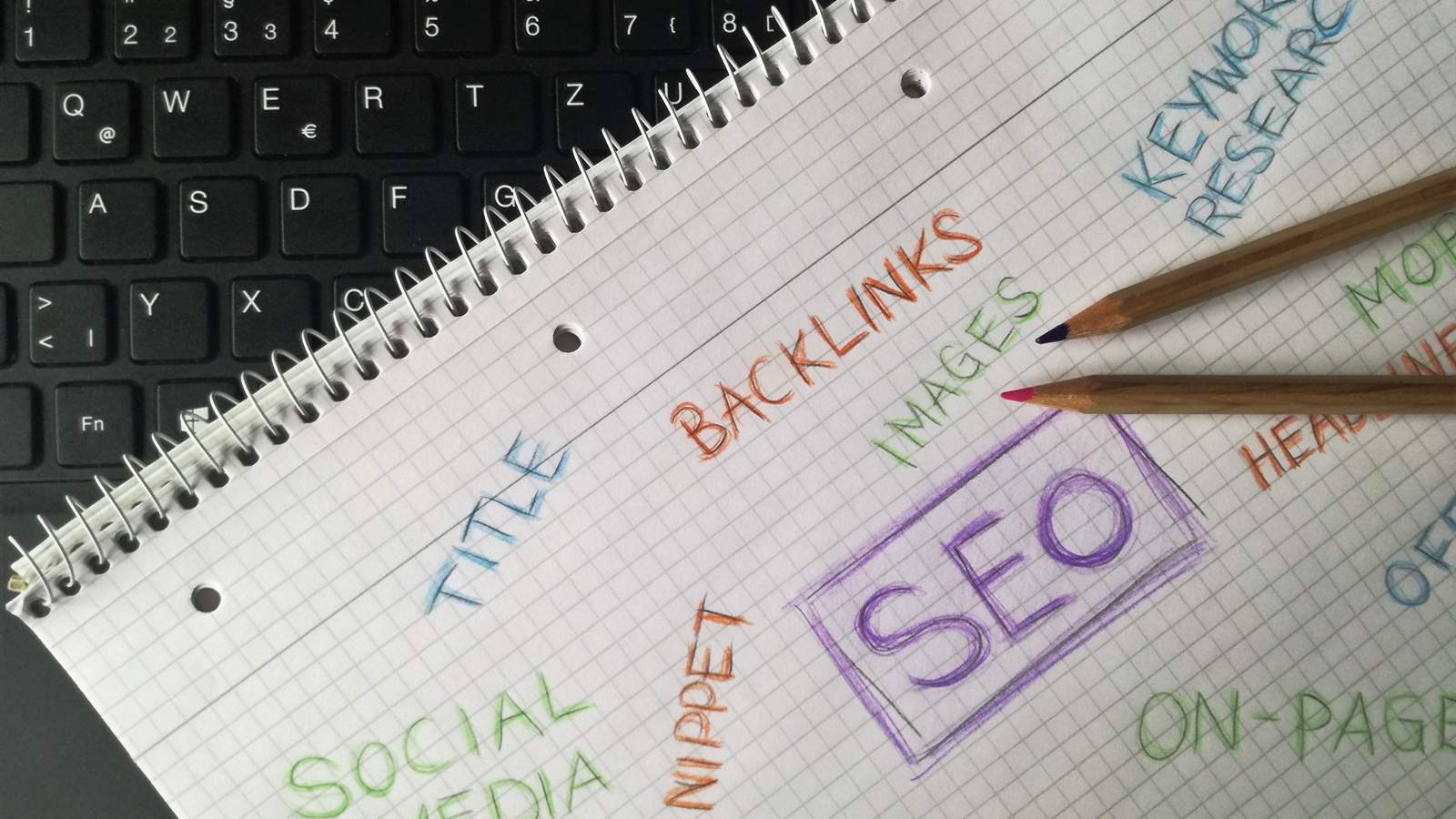 A notebook covered in hand-written search and content planning terms